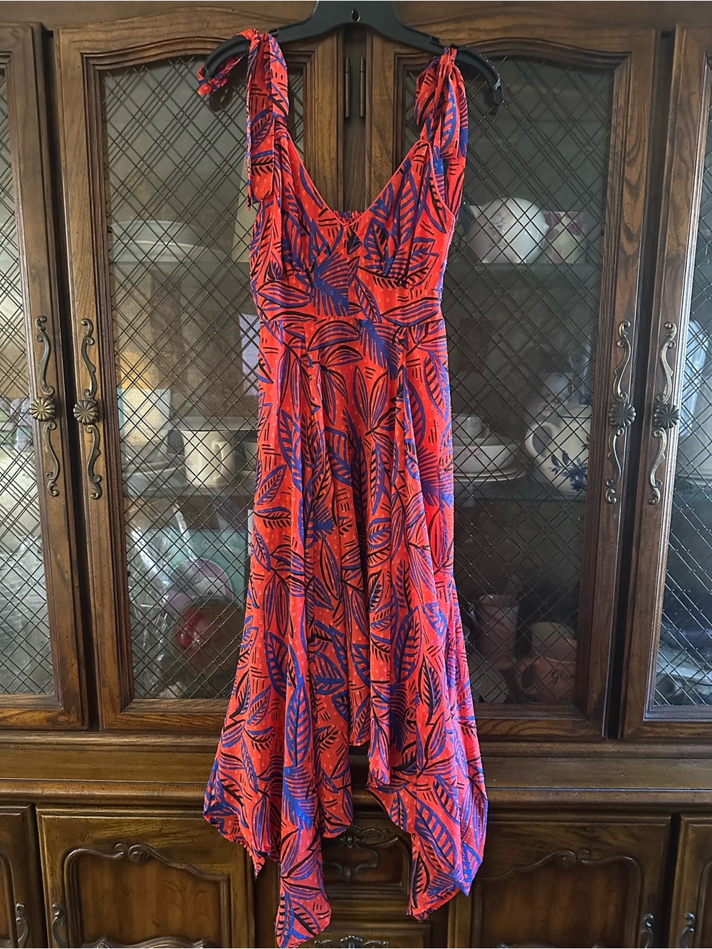 Alexis Red Sundress with Blue Leaf Print Asymmetrical Hem